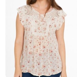 Daniel Rainn Cream & pink floral lightweight flowy tassel detail blouse/top SZ M